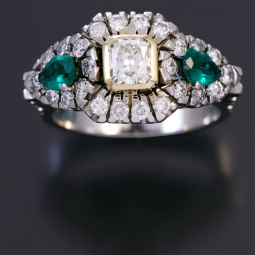 Deco Three Stone Diamond & Emerald Halo Ring | 18K White Gold, Size 6.75